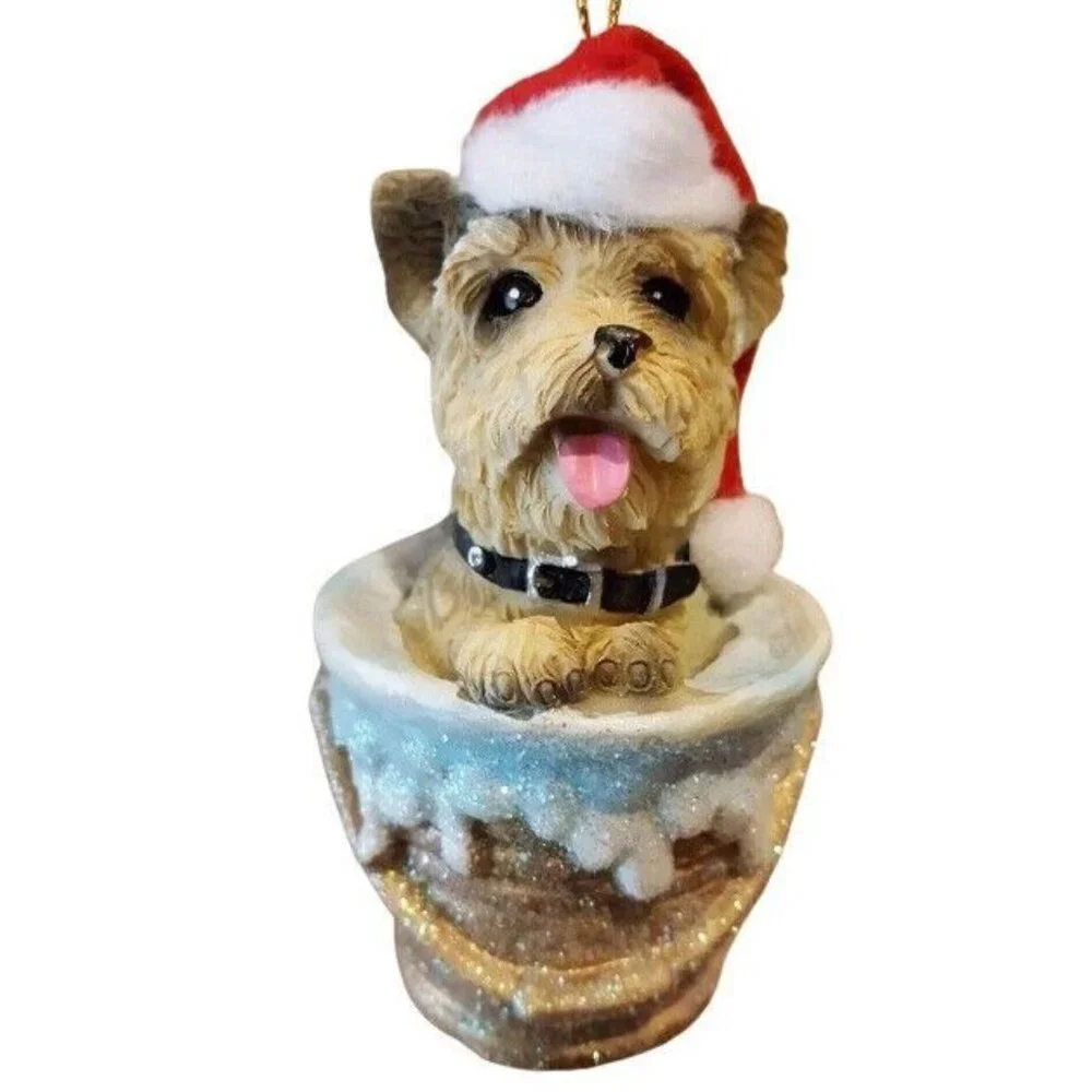 Merry Brite Yorkshire Terrier Christmas Ornament Polyresin Glittered Bucket Hat